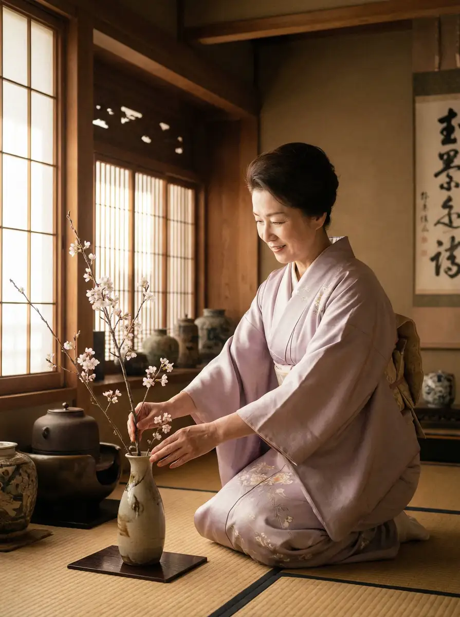 一位优雅的 莱茵体育平台 在和室中插花
