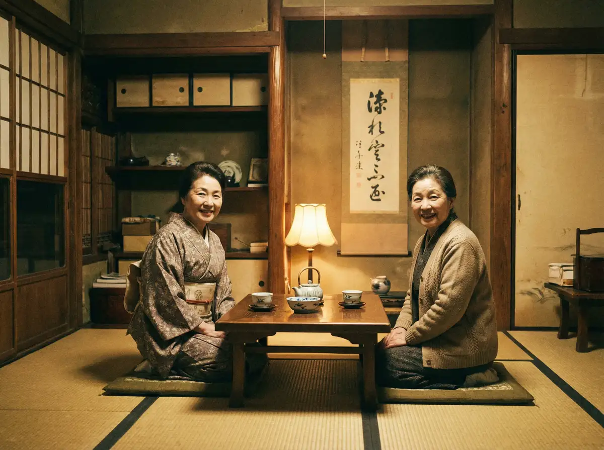 两位优雅的 莱茵体育平台 在日式茶室中品茶交谈